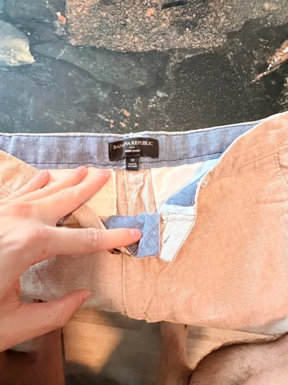 Banana Republic Men's Linen-Blend Chinos in Light Tan with Chambray Trim